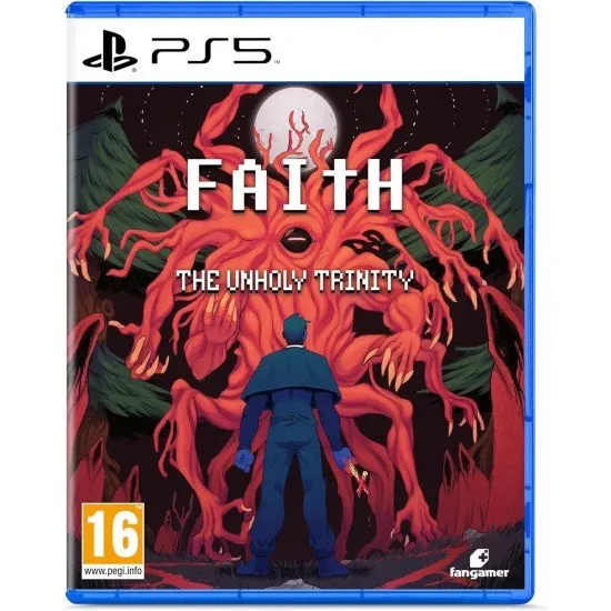 A retro-style 8-bit priest holding a glowing cross in a dark forest, surrounded by physical bonus items like a poster and booklet