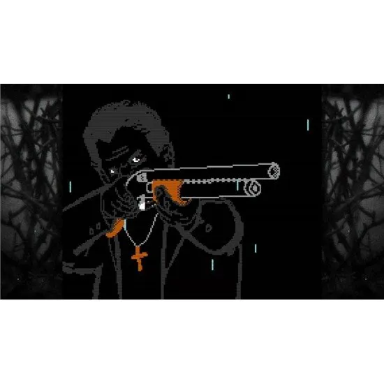 A retro-style 8-bit priest holding a glowing cross in a dark forest, surrounded by physical bonus items like a poster and booklet