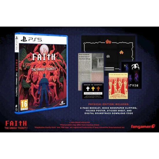 A retro-style 8-bit priest holding a glowing cross in a dark forest, surrounded by physical bonus items like a poster and booklet