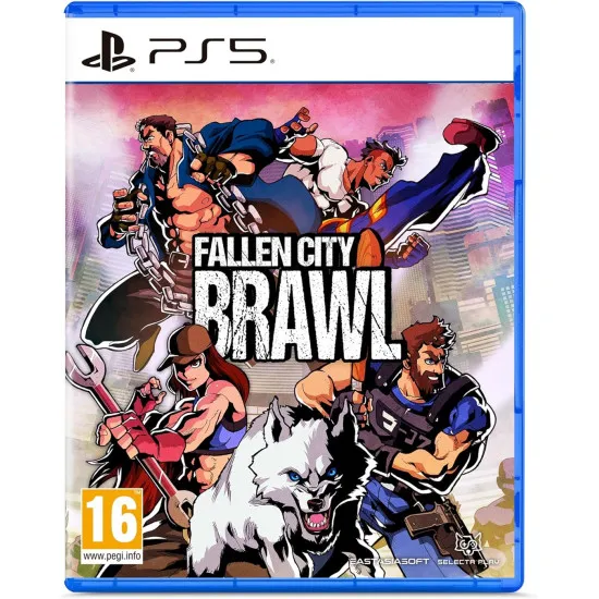 A PlayStation 5 game case showcasing a muscular street brawler executing a flaming upper-cut on an enemy punk amidst shattered crates and city debris