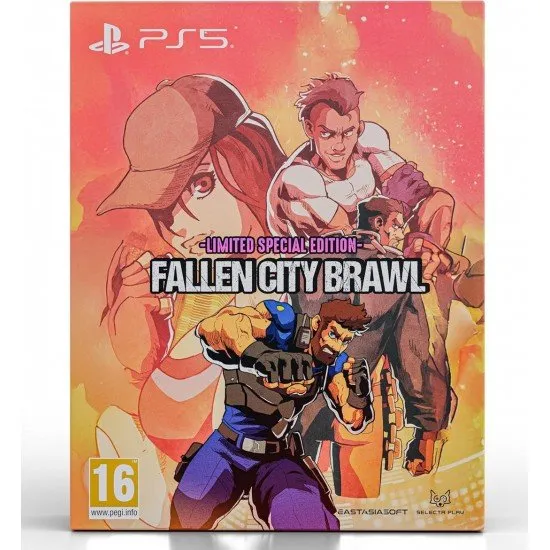 A PlayStation 5 game case showcasing a muscular street brawler executing a flaming upper-cut on an enemy punk amidst shattered crates and city debris