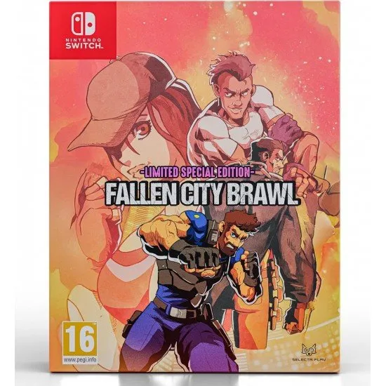 A Nintendo Switch game case showing four gritty street fighters brawling against a horde of criminal punks in a rain-slicked, neon-lit urban alleyway
