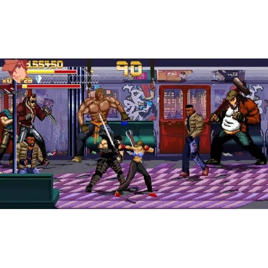 A PlayStation 5 game case showcasing a muscular street brawler executing a flaming upper-cut on an enemy punk amidst shattered crates and city debris