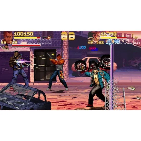 A PlayStation 5 game case showcasing a muscular street brawler executing a flaming upper-cut on an enemy punk amidst shattered crates and city debris