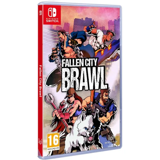 A Nintendo Switch game case showing four gritty street fighters brawling against a horde of criminal punks in a rain-slicked, neon-lit urban alleyway