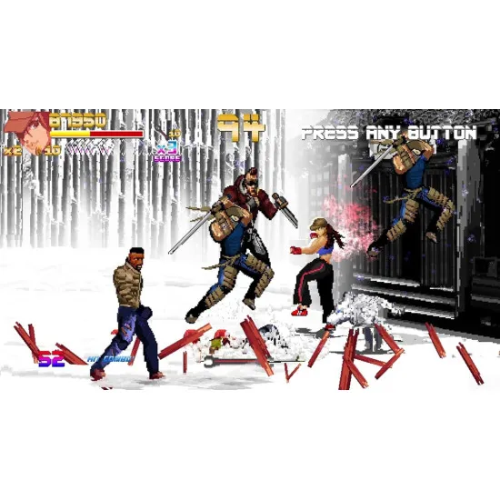 A PlayStation 5 game case showcasing a muscular street brawler executing a flaming upper-cut on an enemy punk amidst shattered crates and city debris