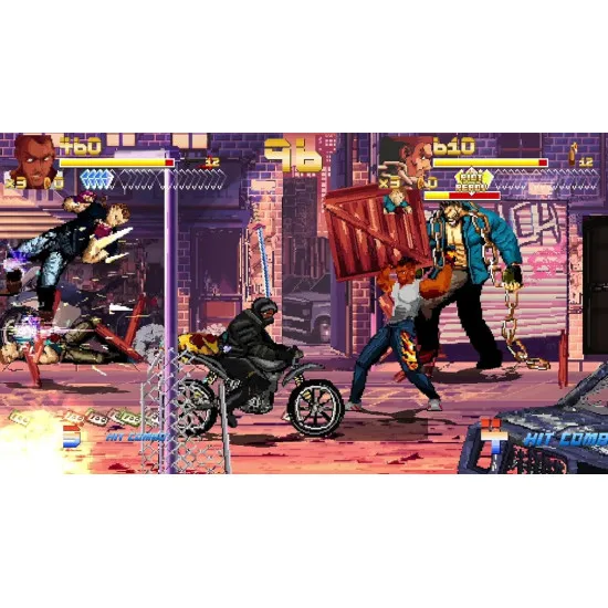 A PlayStation 5 game case showcasing a muscular street brawler executing a flaming upper-cut on an enemy punk amidst shattered crates and city debris