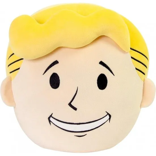 A large and round soft plush toy of the Vault Boy head featuring blonde hair and a cheerful thumbs-up gesture