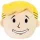 A large and round soft plush toy of the Vault Boy head featuring blonde hair and a cheerful thumbs-up gesture
