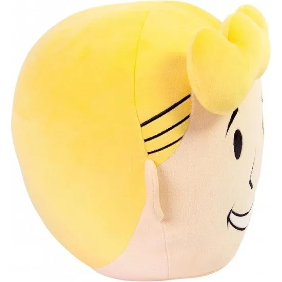 A large and round soft plush toy of the Vault Boy head featuring blonde hair and a cheerful thumbs-up gesture