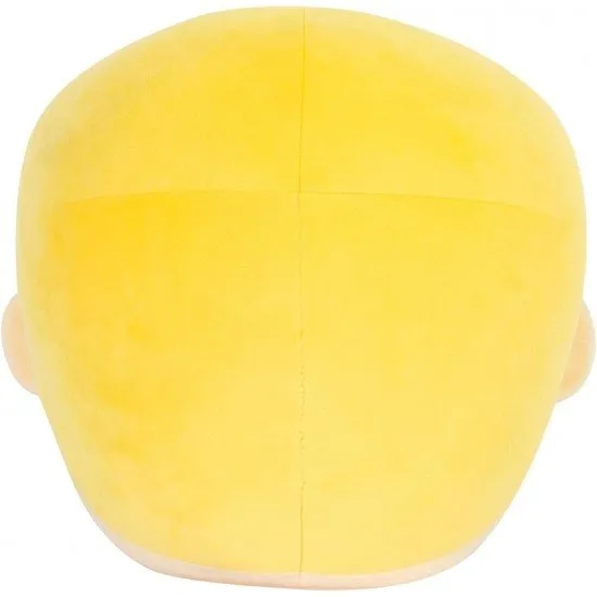 A large and round soft plush toy of the Vault Boy head featuring blonde hair and a cheerful thumbs-up gesture