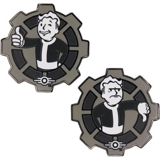 Fallout Decision Coin featuring a black and white enamel Vault Boy thumbs up on one side and thumbs down on the reverse