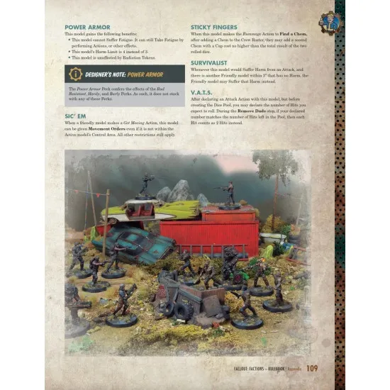 Fallout Factions Core Rulebook 112-page full-colour hardcover featuring Wasteland faction artwork and skirmish wargame cover design