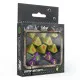 Fallout Factions Super Mutants dice set flat lay showing 8 ten-sided play dice and 4 ten-sided luck dice in Super Mutant faction design