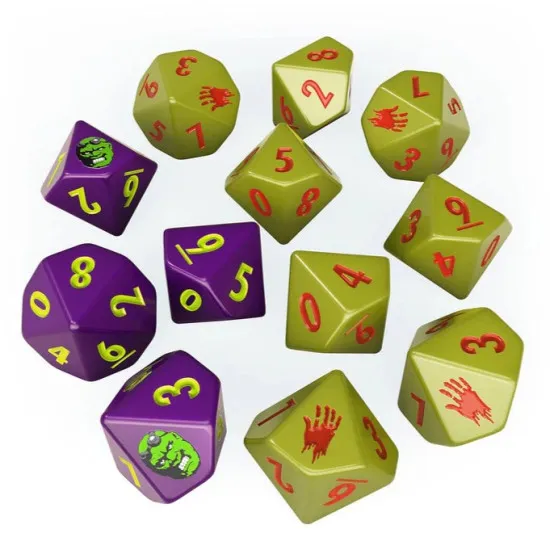 Fallout Factions Super Mutants dice set flat lay showing 8 ten-sided play dice and 4 ten-sided luck dice in Super Mutant faction design