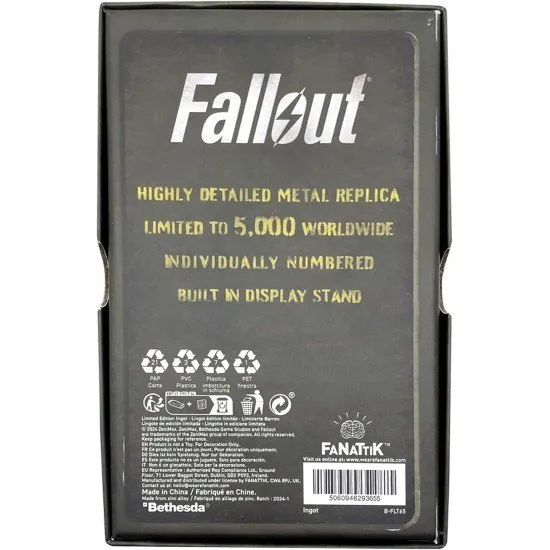 Large metal Fallout Nuclear Keycard replica with blue and yellow enamel detailing on an antique nickel base