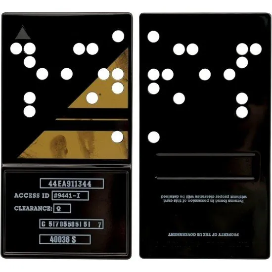 Large metal Fallout Nuclear Keycard replica with blue and yellow enamel detailing on an antique nickel base