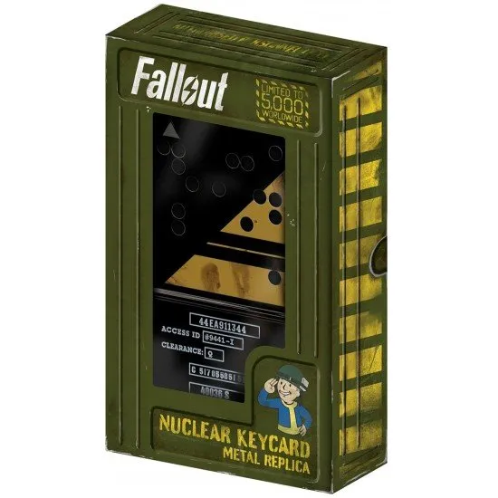 Large metal Fallout Nuclear Keycard replica with blue and yellow enamel detailing on an antique nickel base