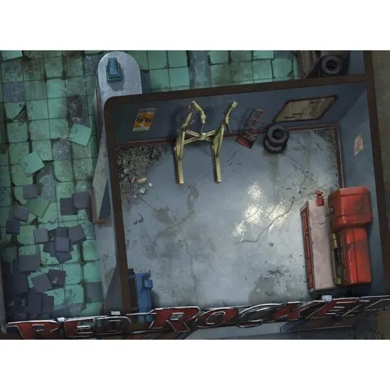 The box art for the Fallout RPG Map Pack 2, showing a detailed illustration of the Red Rocket service station and other wasteland locations.
