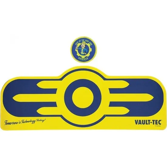 Large blue and yellow Vault-Tec themed desk mat with a matching circular coaster