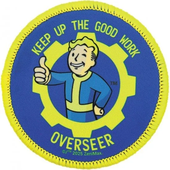 Large blue and yellow Vault-Tec themed desk mat with a matching circular coaster