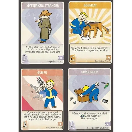 Fallout RPG Perk Cards pack showing examples of character perk illustrations and descriptions