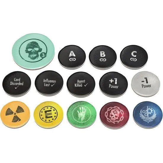 Fallout Power Play card game box featuring faction leaders and wasteland combat artwork