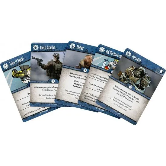 Fallout Power Play card game box featuring faction leaders and wasteland combat artwork