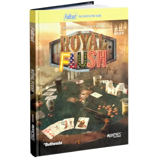A hardcover roleplaying quest book showing a post-apocalyptic road trip scene with rusted cars on a desert highway leading to New Vegas