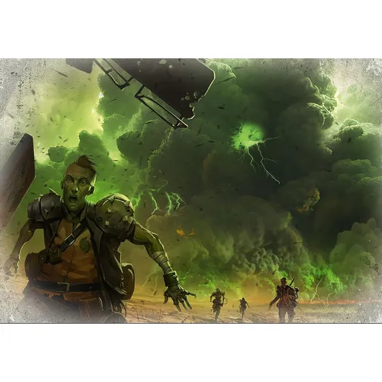 A hardcover roleplaying quest book showing a post-apocalyptic road trip scene with rusted cars on a desert highway leading to New Vegas