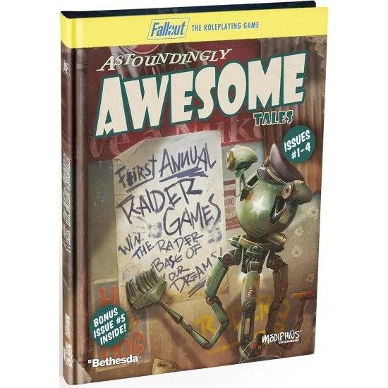 Fallout RPG Astoundingly Awesome Tales Modiphius Adventure Book Fallout RPG Astoundingly Awesome Tales 1-4 & Bonus hardcover book cover featuring a retro sci-fi comic book style illustration