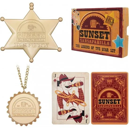 Sunset Sarsaparilla collector set featuring a gold deputy badge, bottle cap necklace, and Festus ace of spades card