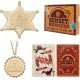 Sunset Sarsaparilla collector set featuring a gold deputy badge, bottle cap necklace, and Festus ace of spades card