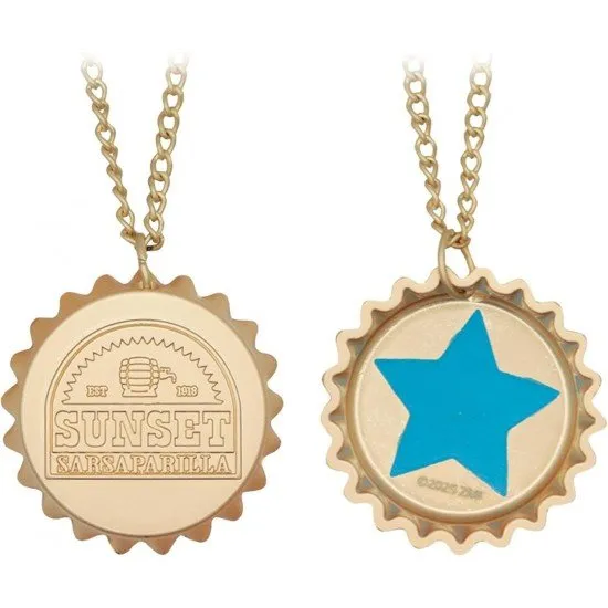 Sunset Sarsaparilla collector set featuring a gold deputy badge, bottle cap necklace, and Festus ace of spades card