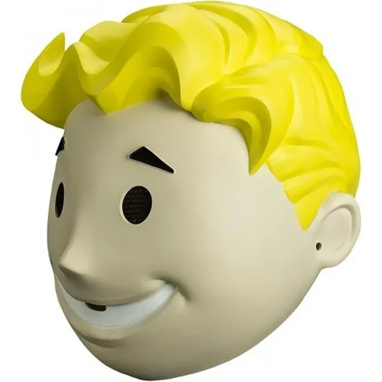 A high-quality full-head yellow and peach vinyl mask of the Vault Boy mascot with a wide smile and thumbs-up expression