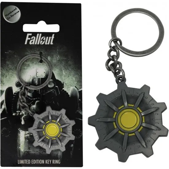 Circular metal keyring featuring the embossed cog-shaped Vault-Tec door design
