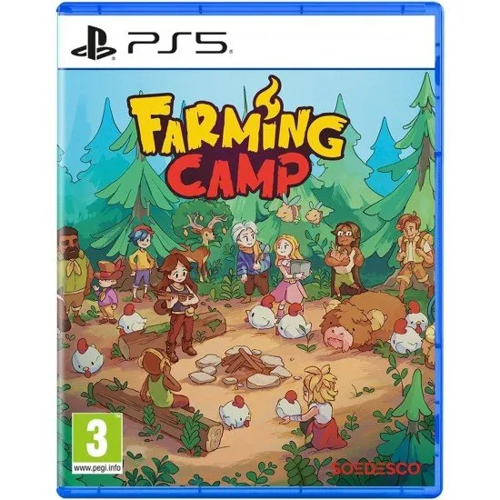 A PlayStation 5 game case showcasing a beautiful cartoon-style summer camp valley with lush green fields, grazing cows, and a group of teenage friends working on a farm