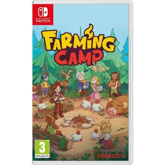 A Nintendo Switch game case showing a cheerful teenager wearing overalls and holding a pitchfork on a vibrant sun-drenched campsite farm surrounded by cute farm animals