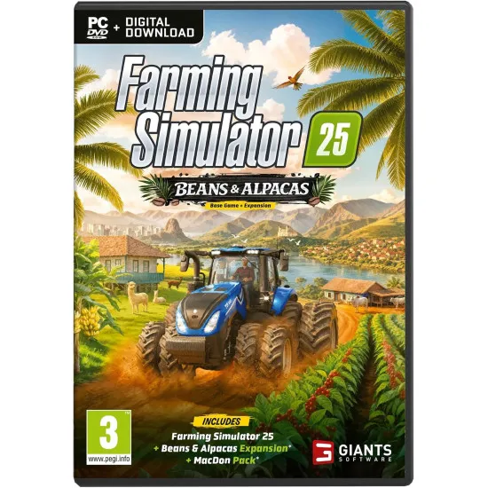 PC game case for Farming Simulator 25 Beans and Alpacas Edition showcasing farming machinery, alpacas, and coffee crops