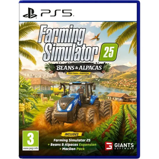 PlayStation 5 game case for Farming Simulator 25 Beans and Alpacas Edition featuring heavy agricultural equipment and South American farmland