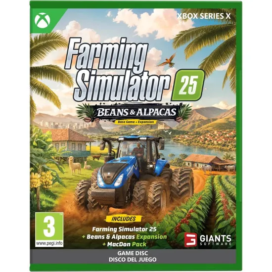 Xbox Series X game case for Farming Simulator 25 Beans and Alpacas Edition showing coffee harvesting equipment and farm animals