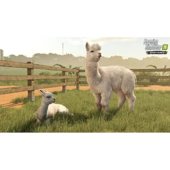 PC game case for Farming Simulator 25 Beans and Alpacas Edition showcasing farming machinery, alpacas, and coffee crops