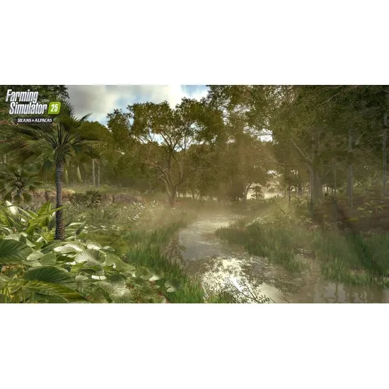 PC game case for Farming Simulator 25 Beans and Alpacas Edition showcasing farming machinery, alpacas, and coffee crops
