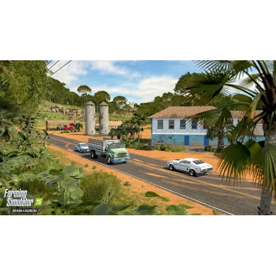 PC game case for Farming Simulator 25 Beans and Alpacas Edition showcasing farming machinery, alpacas, and coffee crops