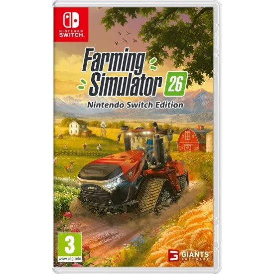 A modern John Deere tractor cultivating a large field under a bright blue sky on a Nintendo Switch screen