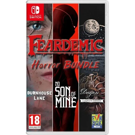 Feardemic Horror Bundle Switch Funbox Media Feardemic Horror Bundle Switch box art featuring dark, eerie imagery representing the three included games (Burnhouse Lane, No Son of Mine, Dagon)