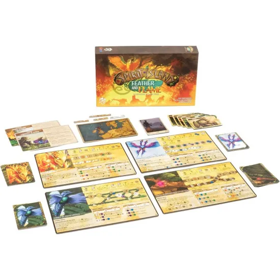 A board game expansion box showing a majestic fire spirit with glowing red eyes rising alongside a giant feathery bird spirit above a stormy sea