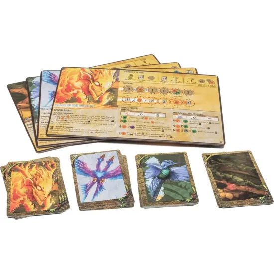 A board game expansion box showing a majestic fire spirit with glowing red eyes rising alongside a giant feathery bird spirit above a stormy sea