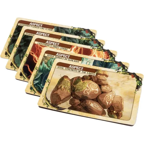 A board game expansion box showing a majestic fire spirit with glowing red eyes rising alongside a giant feathery bird spirit above a stormy sea
