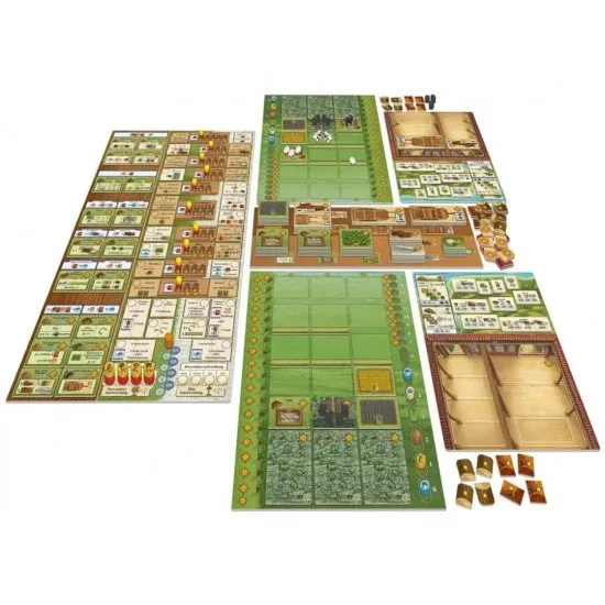 A detailed board game setup showing a rural landscape map with wooden animal shapes, resources, and various building tiles